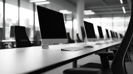 Modern office workspace with desktop computers and minimalist design features
