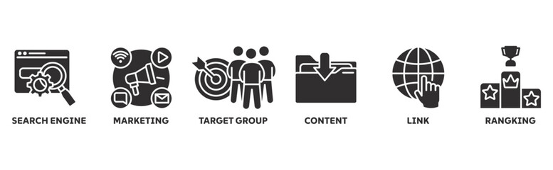 Search Engine Marketing (SEM) icon set illustration concept with icons of search engine, marketing, target group, content, links, ranking © Sien