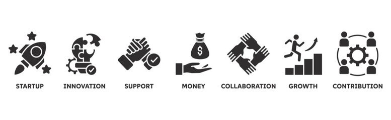 Fototapeta premium Crowdfunding icon set illustration concept with icon of startup, innovation, support, money, collaboration, growth, contribution 