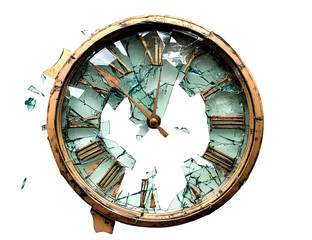 Oreo cookies falling down, flying around, from different angles, on a transparent background - A broken clock face with shattered glass fragments, set against a white background.  (2)