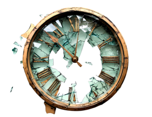 Oreo cookies falling down, flying around, from different angles, on a transparent background - A broken clock face with shattered glass fragments, set against a white background.  (2)
