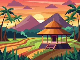 colorful illustration of traditional rice barn and sunset