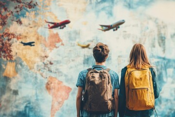 Naklejka premium young couple looking at airplane drawing