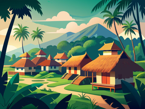 colorful illustration of traditional sasak village