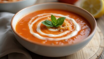 Creamy tomato soup decorated with mint leaves in a bowl  