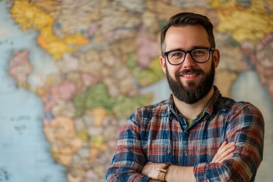 man with beard standing in front of world map