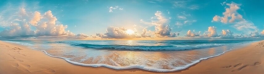 Sunrise beach ocean waves panorama.