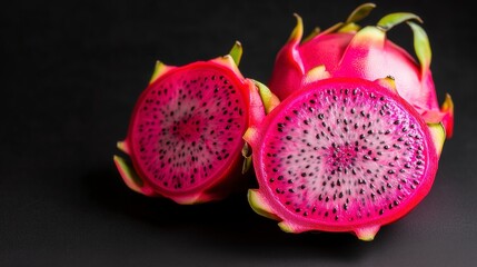 Sliced Pink Dragon Fruit on a Black Background &ndash; Exotic and Vibrant