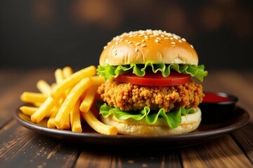 Crispy chicken sandwich, golden fries, dipping sauce, crispy, sandwich, spicy