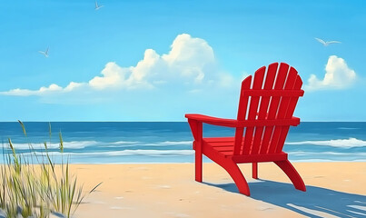 Red Adirondack chair on sandy beach, ocean view, sunny day ,