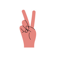 Hand gesture. Number two, luck or victory. Color trendy vector illustration. Index, middle, ring, little fingers and thumb