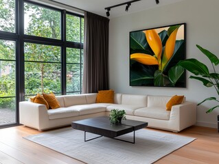 In a stylish vacation home living room, a framed print captures the essence of a tropical sunset, radiating bold and warm tones The artwork's vibrant hues complement the room's decor, creating a cozy