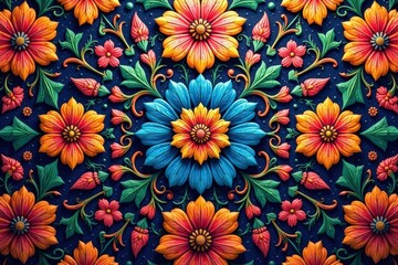 Intricate floral design, repeating motif in vibrant hues, colorful, blossom