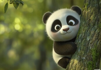 Fototapeta premium Cute cartoon panda clinging to a tree in a lush forest. Possible use children's book cover, wallpaper
