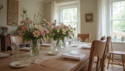 Beautiful floral arrangements on a dining table in a cozy room  