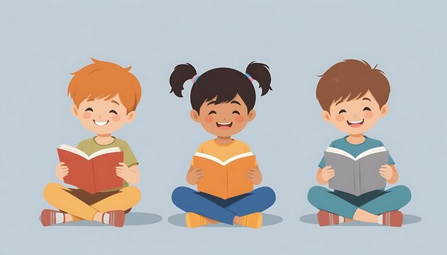 Diverse children sitting and reading books together - Powered by Adobe