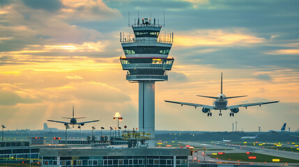 Air traffic control tower with planes taxiing below 