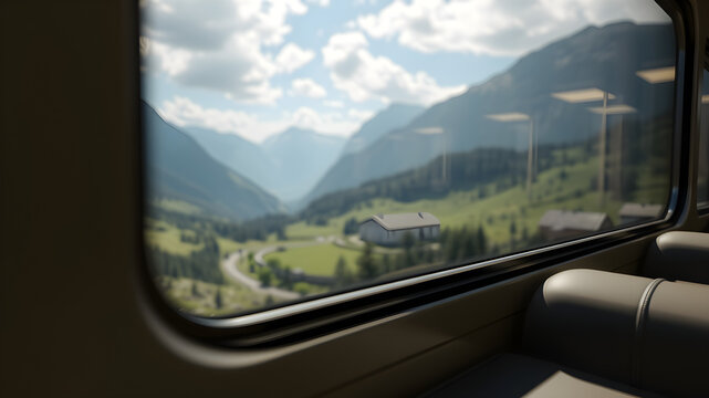 View from a train window showing majestic mountains and a scenic natural landscape. Cinematic travel moment capturing railway journey, adventure, exploration and peaceful mountain views.