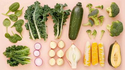 Flat lay of vegetables arranged alphabetically, minimal design ideal for food education, kids? learning, and healthy eating visuals