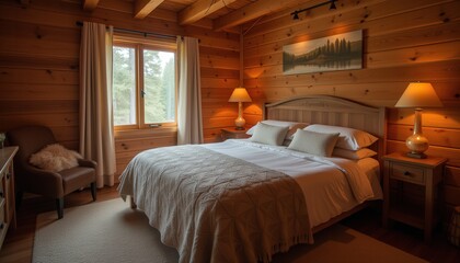 Cozy wooden bedroom with soft lighting and rustic decor  
