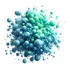 A cluster of floating bubbles in blue green isolated on white background