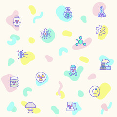 Fototapeta premium Vector illustration of a cute Nuclear And biohazard Technology. Collection of energy, power, danger, atom, bomb, plant, barrel, molecule, radiation and other elements. Isolated on beige.