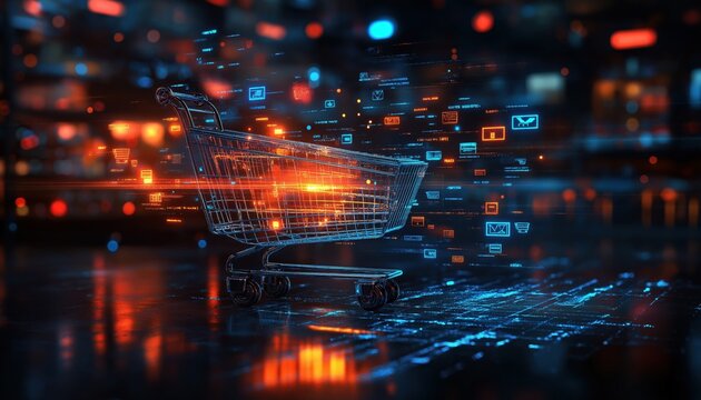 Digital Shopping Cart with Holographic Overlay Illustrating E-commerce Growth