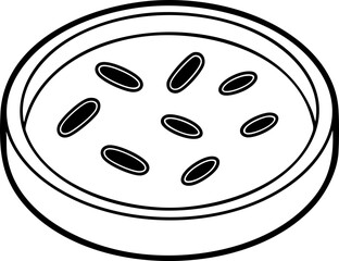 A simple illustration of a circular slice of fruit or vegetable with visible seeds, presented in a black outline style.