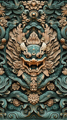 Fierce guardian creature carved in teal and cream with a dynamic floral swirl background, ideal as a bold phone wallpaper.