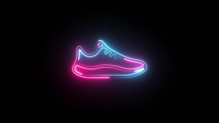 Blue and pink color neon glowing Shoes on black background. Stylish shoes neon graphic animation. Neon sport shoe icon animation. Symbol of sports games, fitness, yoga and sport inventory.