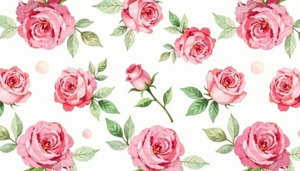 Fototapeta premium Delicate watercolor roses repeat in a soft, pastel pattern , yellow, green, illustration