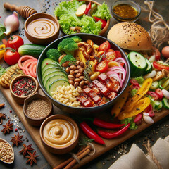 generative ai, fast food that looks delicious, with various toppings on the side