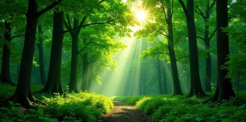 Obraz premium Dense forest canopy with sunlight filtering through, leafy greens, greenery, woodland