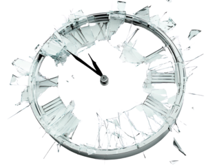 Oreo cookies falling down, flying around, from different angles, on a transparent background - A broken clock face with shattered glass fragments, set against a white background.