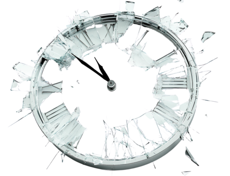 Oreo cookies falling down, flying around, from different angles, on a transparent background - A broken clock face with shattered glass fragments, set against a white background. - Powered by Adobe