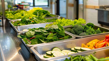 Side view of a clean modern deli counter displaying fresh vegetables, organized food service area with commercial appeal