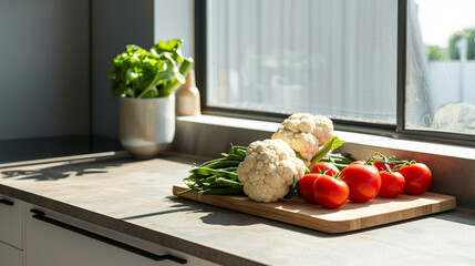Neatly styled modern kitchen counter with fresh vegetables in view, ideal for cooking, meal prep, or lifestyle branding