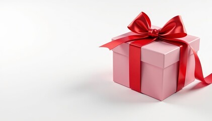 Obraz premium Elegant red ribbon tied gift boxes on white background, stripes, surface