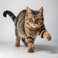 Obraz premium A playful orange tabby cat with a mischievous expression, reaching out a paw on a white backdrop.