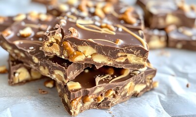  Chocolate bark broken into pieces, studded with pretzels and peanut butter swirls, Generative AI