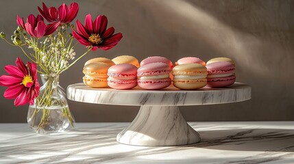 A marble stand displays pastel macarons beside a vase of vibrant flowers