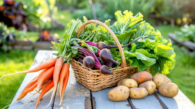 Clean farm table with rustic touch, holding seasonal vegetables in natural light, ideal for organic food promotions
