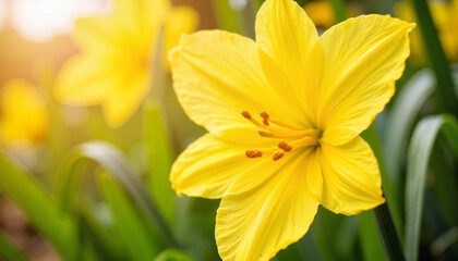 Fototapeta premium Yellow flower blooming in sunlight against a green background 