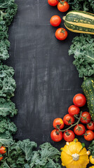 Vertical flat lay featuring vegetables and grains styled for cookbook cover design, modern and clean culinary composition