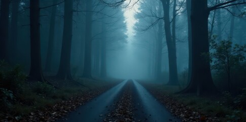 Fototapeta premium Dark, mysterious forest road disappearing in the fog , trees, old