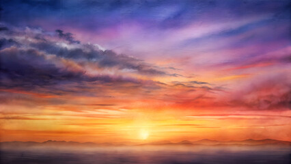 Obraz premium Watercolor sunset in warm oranges and purples, peaceful and hopeful mood