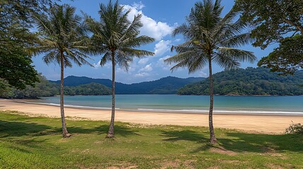 Tropical beach with palm trees, and bay.