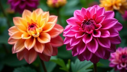 Fototapeta premium Intricate dahlia blooms, vibrant colors, lush petals, illustration, stem, art