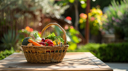 Wicker basket filled with colorful vegetables placed on rustic surface, natural harvest display ideal for stock imagery