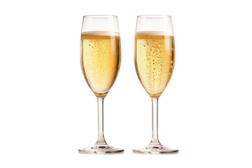 Two glasses of champagne with sparkling bubbles and golden liquid clinking together, isolated on white background
